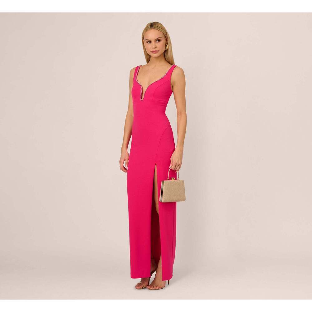 Adrianna Papell Sleeveless Beaded Plunge Neck Gown In Geranium Size 14Geranium /